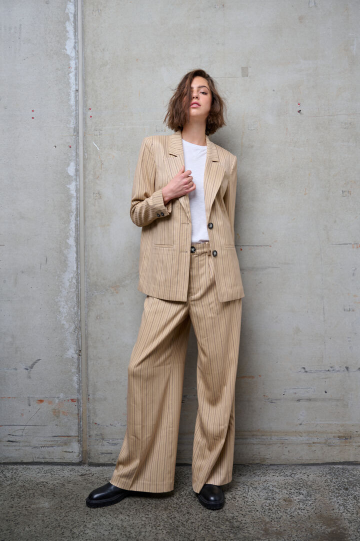 Pzjanna HW Pants Wide Leg Full Length - Irish Cream Stripe