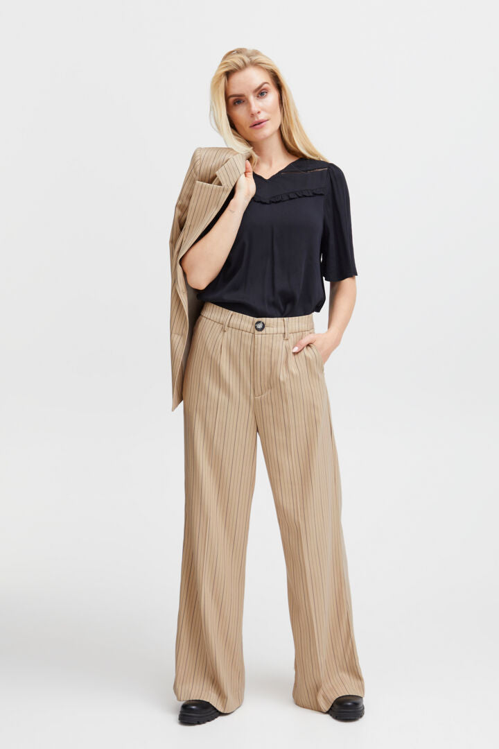 Pzjanna HW Pants Wide Leg Full Length - Irish Cream Stripe