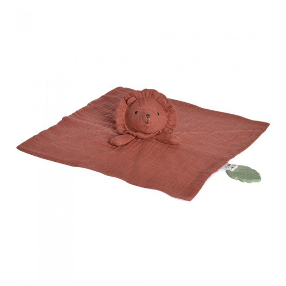 Knuffeldoekje - Biologisch Katoen - Rood - Leeuw Met Bijtring