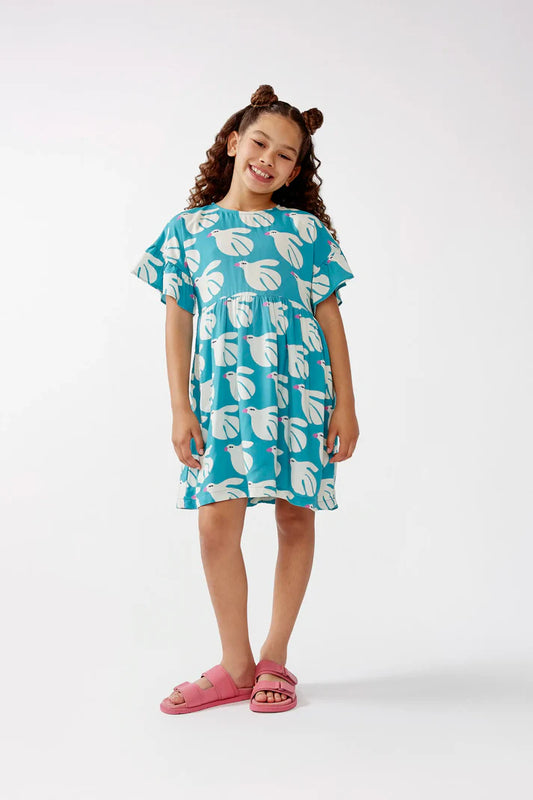 Vestido corto de niña en rayón LENZING™ ECOVERO™ estampado Dove - 41418