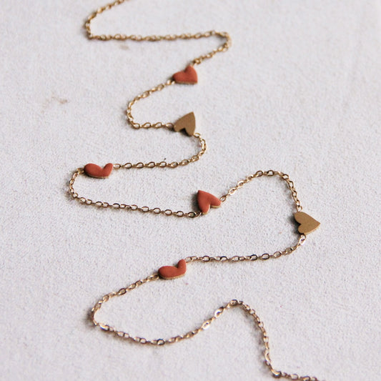 Fine Stainless Steel Necklace With 6 Mini Hearts - Nude/Gold - FW233