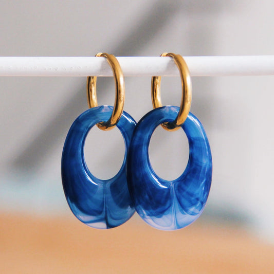 Stainless steel earring with resin drop  - Dark blue/Gold - SO7128